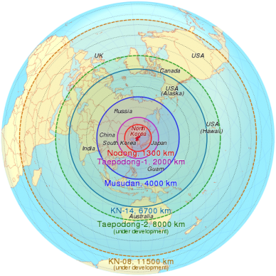 Estimativa do alcance máximo de ,mísseis norte-coreanos